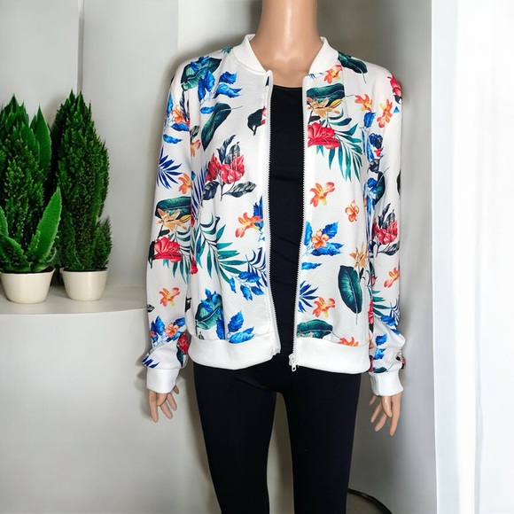 New Women's Tropical Plant Print Baseball Collar Jacket - Picture 14 of 16